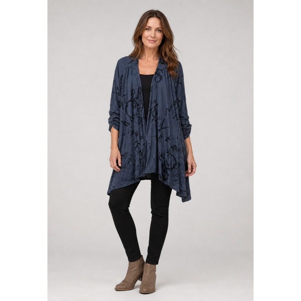 Lior Paris Cardigan Womens Medium Blue Black Abstract Open Front‎ Ruched Sleeves